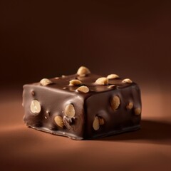Chocolate Cube with Peanuts on Brown Background