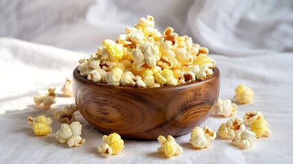 Wooden Bowl Overflowing with Popcorn on a White Fabric Background snack food