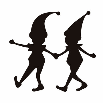 Silhouette of two elves walking or dancing in a playful manner