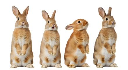 Four adorable brown and white rabbits standing upright on a clean white background, showcasing their cute and curious expressions in a studio portrait.