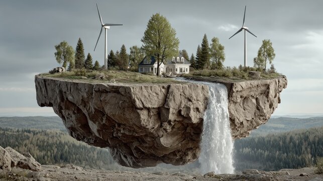 Floating island with house, trees, waterfall, and wind turbines