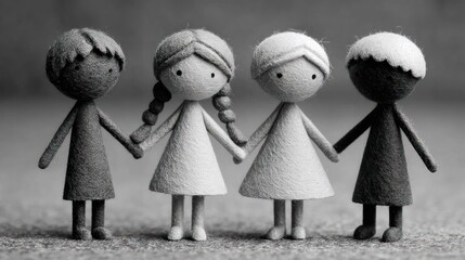 Four diverse fabric dolls holding hands, showcasing unity and inclusion