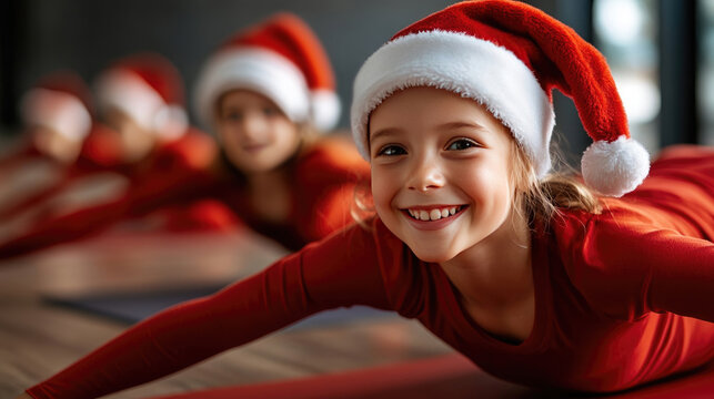 Cheerful kids in Santa hats performing yoga poses on mats, embracing wellness and holiday spirit during Christmas season in fitness environment