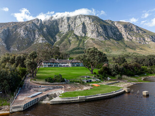 Obraz premium Hermanus Klein River Lagoon, Kleinriversvlei, South Africa. Aerial drone photo. 