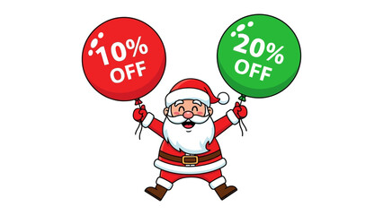 Festive Discounts with Santa: jolly Santa Claus joyfully displays balloons offering enticing discounts, setting the stage for cheerful holiday deals and seasonal savings. 