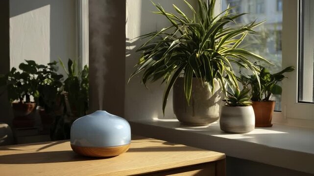 A light blue and wood diffuser on a wooden table emitting vapor with potted plants arranged on a sunlit window sill in the background