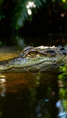 Intense Close-Up of Crocodile Eye in Water with Reflection