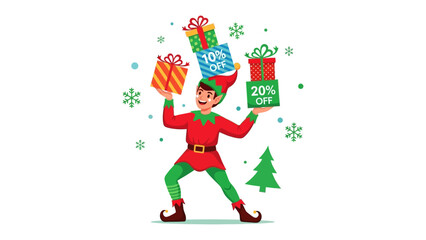 Festive Elf Balancing Gifts: An illustration of a cheerful elf skillfully balancing colorful gift boxes, showcasing discount offers amidst festive elements, perfect for seasonal promotions.