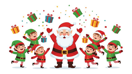 Santa's Cheerful Holiday Gathering: A jolly Santa Claus surrounded by a band of elves and festively wrapped gifts, sharing the holiday spirit and spreading joy. 