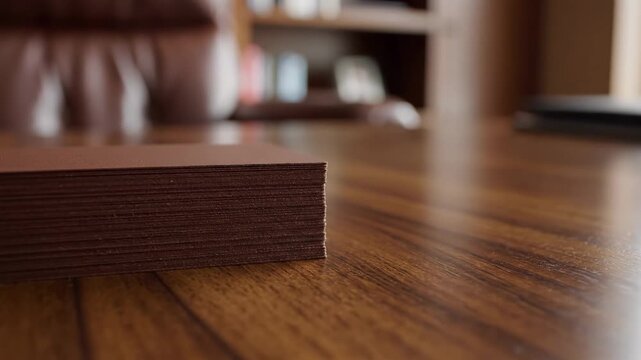 Stack of Brown Business Cards - A stack of brown business cards is placed on a polished wooden table, suitable for office or corporate use.