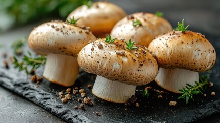 Freshly picked mushrooms seasoned and garnished with herbs on a dark slate