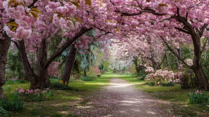 Naklejka premium Serene Pathway through Lush Cherry Blossom Trees Creating a Dreamy Spring Landscape with Soft Pink Petals and Vibrant Green Grass