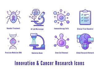 Cancer Research Icons – AI, Immunotherapy & Nanotech Vector Graphics for Medical Innovation