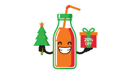 Festive Juice Delight: A charming juice bottle character radiates holiday cheer, playfully presenting a miniature christmas tree and a gift box, complete with a celebratory 20% OFF promotion.