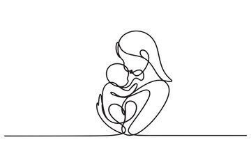 Logo with mother holding her baby with heart shape. one line Icon drawing with white background