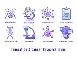 Cancer Research Icons – AI, Immunotherapy & Nanotech Vector Graphics for Medical Innovation