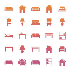 Home Furniture Icons: A collection of various home furniture icons, each artfully illustrated in a minimalistic design for multiple uses.