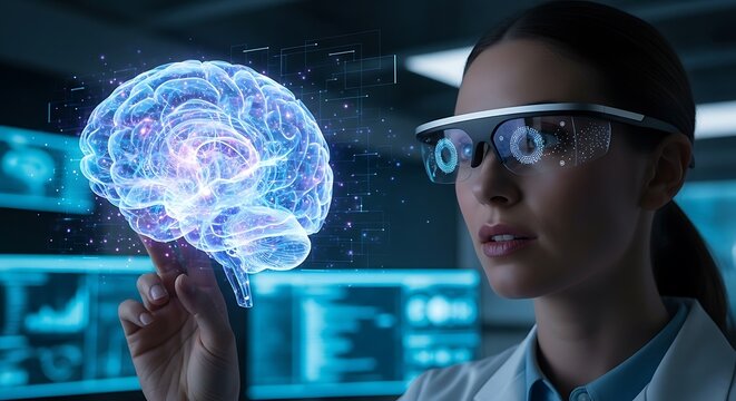 Scientist Interacts With Brain Scan