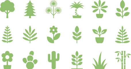 Plants Icon Set, Tree Forest Bonsai Cactus Aloe Vera Monstera Maple Leaf Succulent Silhouette Vector Illustration