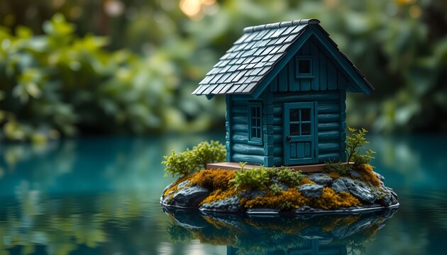 Small cabin on a tiny island in a tranquil lake surrounded by lush greenery.