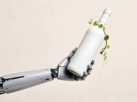 Robotic claw handling wine bottles, modern automation concept for beverage industry