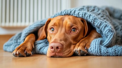 A brown dog lies on a wooden floor, covered with a blue knitted blanket. A radiator is visible in the background, indicating a warm indoor setting during winter.