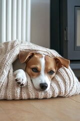 A small brown and white beagle puppy rests inside a cozy knitted blanket near a radiator, enjoying warmth during a cold winter day.