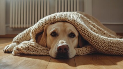 A yellow Labrador retriever lies on a wooden floor, covered with a knitted blanket. A radiator is visible in the background, suggesting warmth in a cold winter setting.