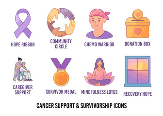 Cancer Support Icons – Survivorship, Hope Ribbons & Caregiver Vector Art