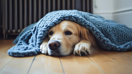 A golden retriever lies on wooden flooring, covered with a blue knitted blanket. The room has a radiator, suggesting warmth in a cold winter setting.