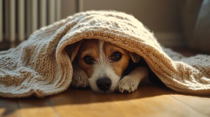 A small brown and white beagle puppy is curled up under a knitted blanket on a wooden floor. The scene conveys warmth and comfort during winter.