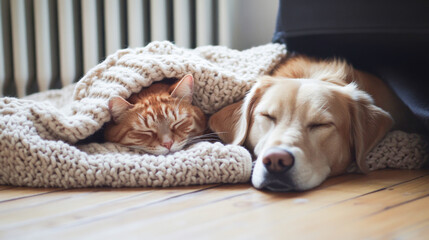 A golden retriever and an orange tabby cat sleep together under a cozy blanket near a radiator in a warm house during winter.