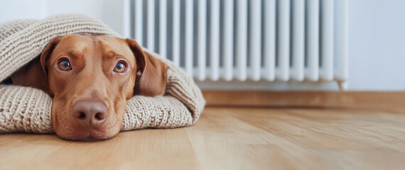 A brown dog lies on a wooden floor, wrapped in a cozy blanket near a radiator. The setting is warm, ideal for winter comfort.