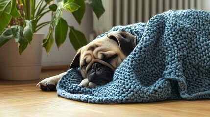 A sleeping pug covered with a blue knitted blanket on a wooden floor. A green plant is visible in the background, creating a cozy winter atmosphere.
