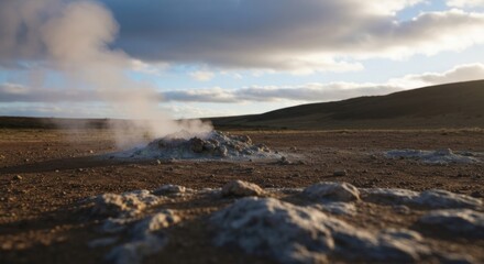 Fototapeta premium Geothermal vents steam in a desolate, rocky landscape under a cloudy sky