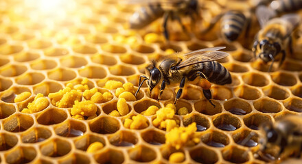 Close-up macro shot of honey bees busy working on honeycomb, collecting pollen and nectar, natural apiculture process