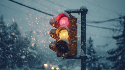 Traffic light in heavy snowfall during winter storm, showcasing red, yellow, and green colors with blurred cars in the background and snowflakes falling