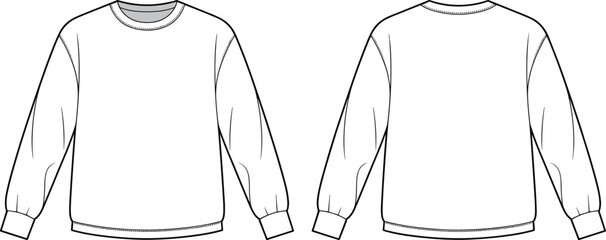 Blank sweatshirt fashion flat sketch, long sleeve crew neck pullover template, technical apparel design outline, front and back clothing illustration © what's a beautiful