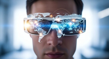 Global Connection With Man Wearing Augmented Reality Vr Headset
