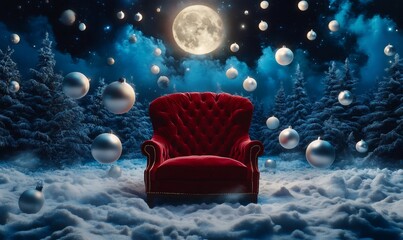 Fototapeta premium Red velvet armchair sitting in a snowy forest during a magical full moon christmas night