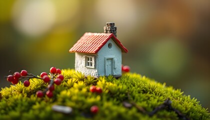 A charming miniature toy house with a red roof sits on a vibrant green mossy hill with berries.