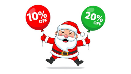 Joyful Santa's Discount Offer: A jovial santa, in his classic suit, floats with balloons offering tempting holiday season discounts.