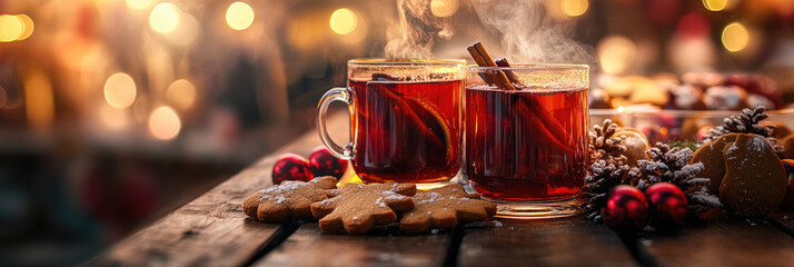 close-up of mulled wine and gingerbread cookies on christmas market stall, photorealistic, steam rising, bokeh lights