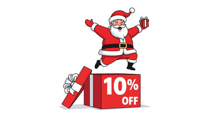 Santa's Special: Cheerful Santa springs from a gift box announcing a holiday offer, a whimsical illustration of Christmas joy and bargain hunting.