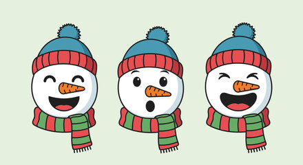 Three cartoon snowmen with different joyful expressions wearing hats and scarves on a light green background.