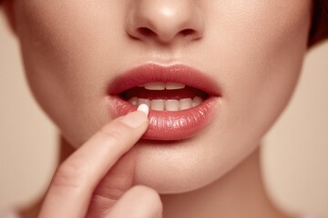 Obraz premium Girl's face with flawless skin holding a vitamin pill near lips, skincare and health representation