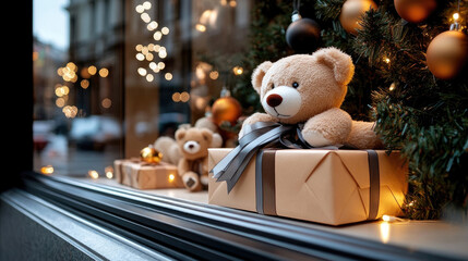 Christmas window display featuring festive teddy bear, sparkling ornaments, blurred urban streetscape highlighting seasonal shopping atmosphere