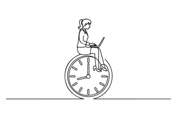 Drawing of businesswoman using computer laptop sitting on clock working. one line Icon drawing with white background