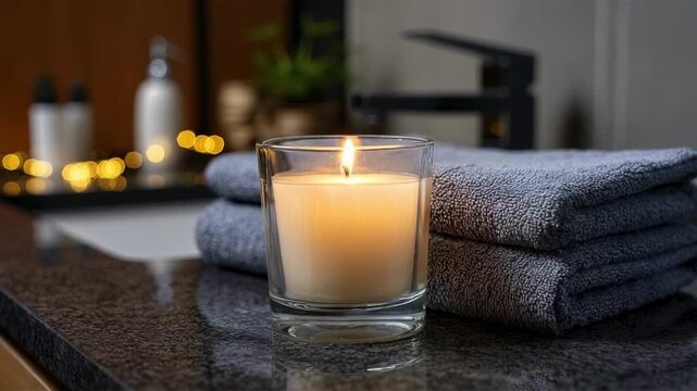 A lit candle in a glass sits on a speckled counter beside stacked grey towels in a dim room with blurred background elements