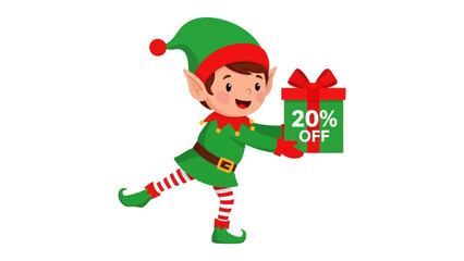 Holiday Cheer with a Gift: A cheerful holiday elf extends a festive gift box, spreading joy with a special 20% off offer, ideal for holiday promotions and seasonal sales.